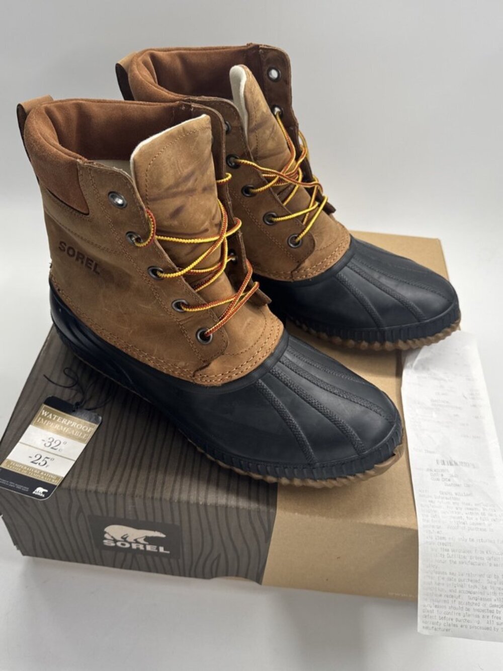 Sorel Waterproof Boots Mens 13 Brown Full Grain Leather Cheyanne Snow Winter Box